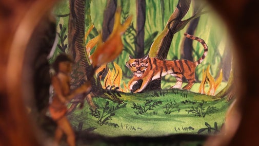 A view into a tunnel book of a scene inspired by The Jungle Book